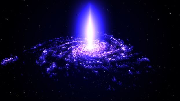 Spiral nebula and light ray in deep space with stars. 3D rendering