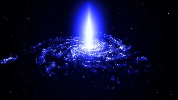 Spiral nebula and light ray in deep space with stars. 3D rendering