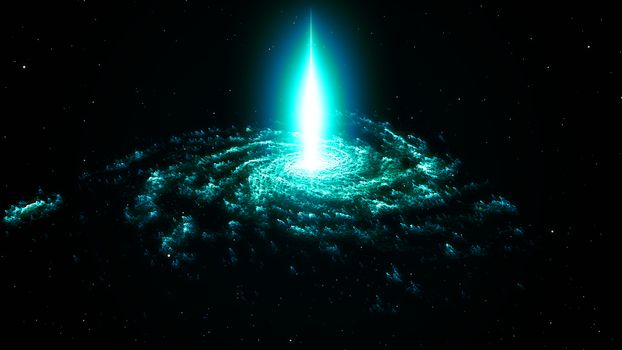 Spiral nebula and light ray in deep space with stars. 3D rendering