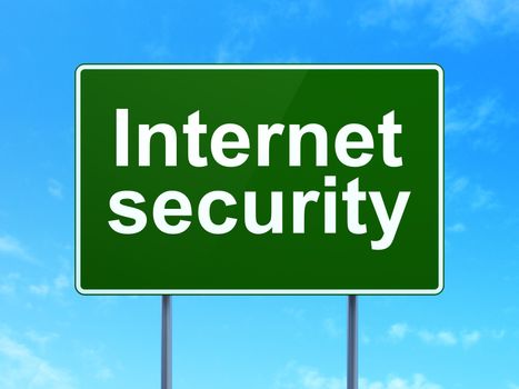 Security concept: Internet Security on green road highway sign, clear blue sky background, 3D rendering