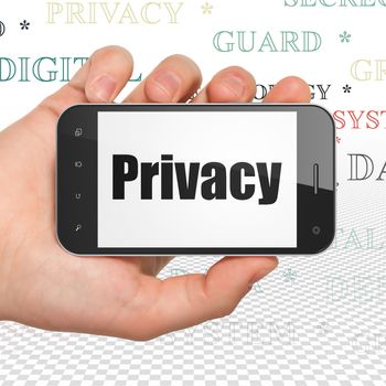 Privacy concept: Hand Holding Smartphone with  black text Privacy on display,  Tag Cloud background, 3D rendering