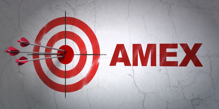 Success Stock market indexes concept: arrows hitting the center of target, Red AMEX on wall background, 3D rendering