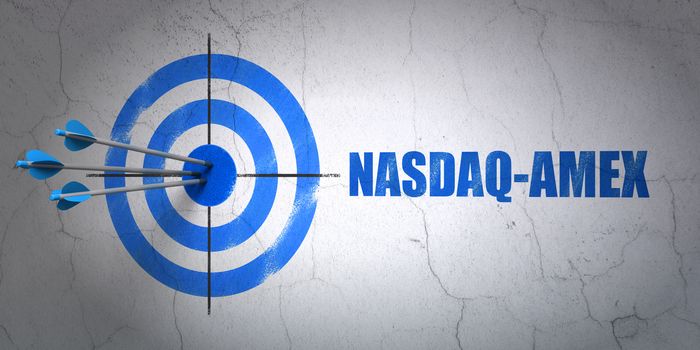 Success Stock market indexes concept: arrows hitting the center of target, Blue NASDAQ-AMEX on wall background, 3D rendering