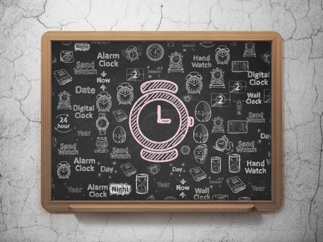 Time concept: Chalk Pink Hand Watch icon on School board background with  Hand Drawing Time Icons, 3D Rendering