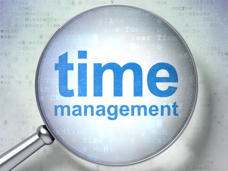 Time concept: magnifying optical glass with words Time Management on digital background, 3D rendering