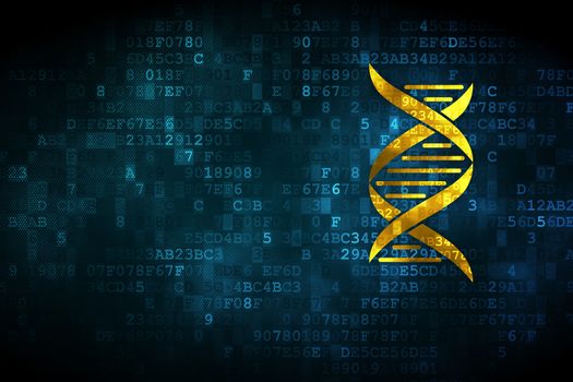 Science concept: pixelated DNA icon on digital background, empty copyspace for card, text, advertising