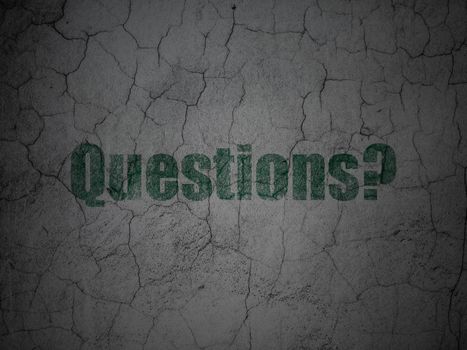 Learning concept: Green Questions? on grunge textured concrete wall background