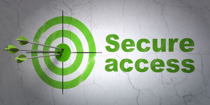 Success security concept: arrows hitting the center of target, Green Secure Access on wall background, 3D rendering