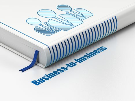 Finance concept: closed book with Blue Business People icon and text Business-to-business on floor, white background, 3D rendering