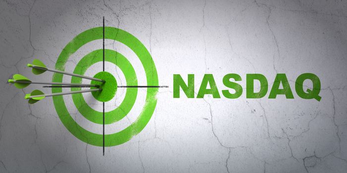 Success Stock market indexes concept: arrows hitting the center of target, Green NASDAQ on wall background, 3D rendering