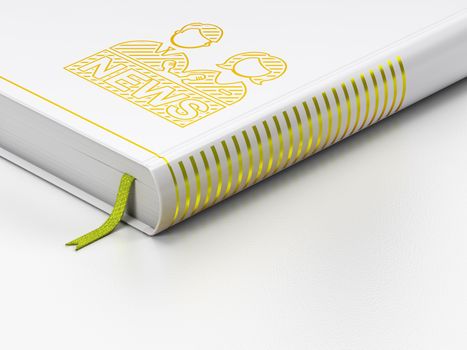 News concept: closed book with Gold Anchorman icon on floor, white background, 3D rendering