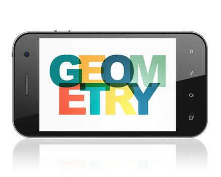 Learning concept: Smartphone with Painted multicolor text Geometry on display, 3D rendering