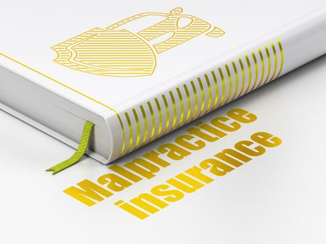 Insurance concept: closed book with Gold Car And Shield icon and text Malpractice Insurance on floor, white background, 3D rendering