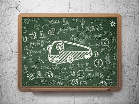 Tourism concept: Chalk White Bus icon on School board background with  Hand Drawn Vacation Icons, 3D Rendering