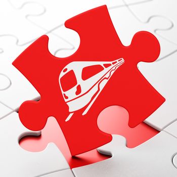 Travel concept: Train on Red puzzle pieces background, 3D rendering