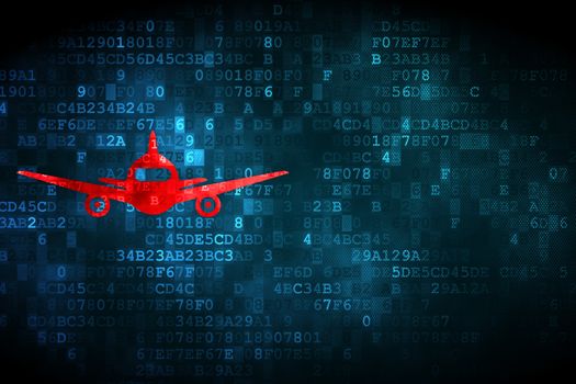 Tourism concept: pixelated Aircraft icon on digital background, empty copyspace for card, text, advertising