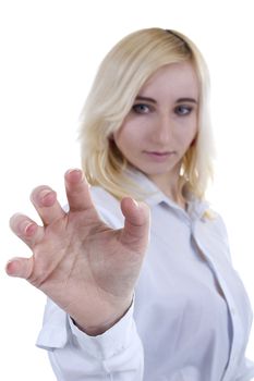 Woman shows a rotational motion of a hand on a white background