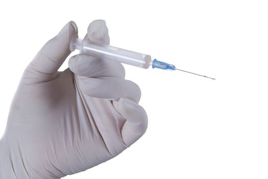 Hand in latex glove with syringe on a white background