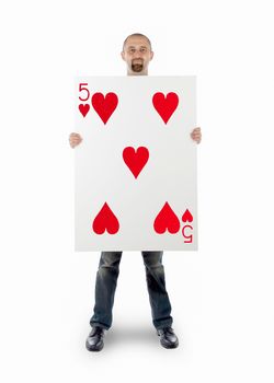 Businessman with large playing card - Five of hearts