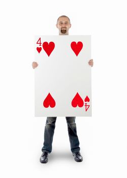 Businessman with large playing card - Four of hearts