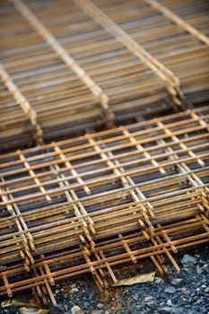 Stack of reinforcing bar mesh in a construction site, France