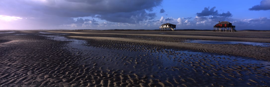 Fishermen houses in Bassin Arcachon, Cabanes Tchanquees, Aerial view, France