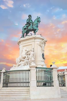 Praca do Comercio and Statue of King Jose I in Lisbon, Portugal at sunset