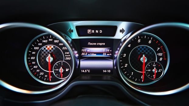 Modern car speedometer. Close up shot of the dashboard a car