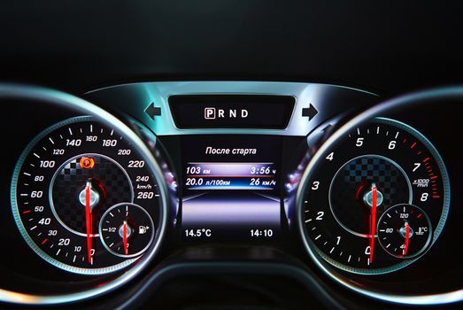 Modern car speedometer. Close up shot of the dashboard a car