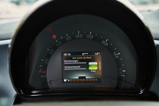 Close up shot of a speedometer in a car