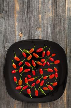 Red and green hot peppers on a black ceramic plate and old wooden boards