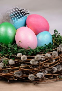 Decorations for Easter. Bird's nest with moss lined with feathers, colored eggs and willow branches
