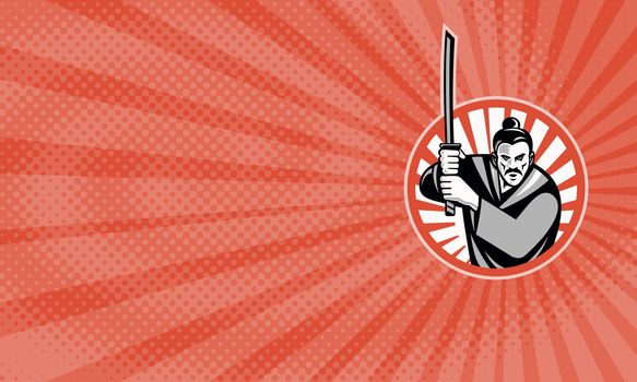 Business card showing Illustration of a samurai warrior facing front with katana sword set inside circle done in retro style.


