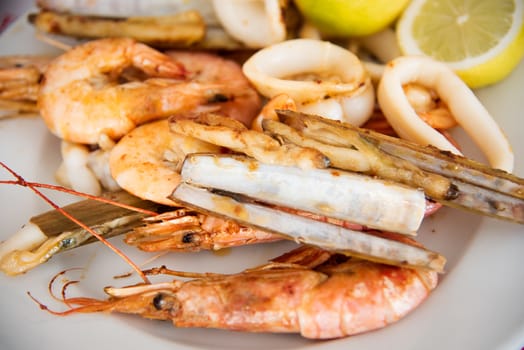 Seafood grill on a small platter : langoustines ,  calamari , shrimps
