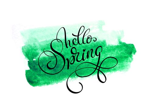 green blob on a white background and text Hello Spring. Calligraphy lettering.