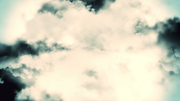 Flying through clouds. Computer graphic. 3D rendering