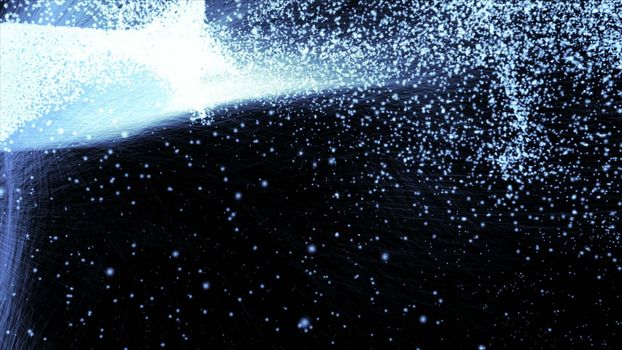 3d rendering of particle trails. Particles move to the side and leave a sparkle trail.