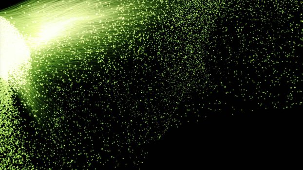 3d rendering of particle trails. Particles move to the side and leave a sparkle trail.