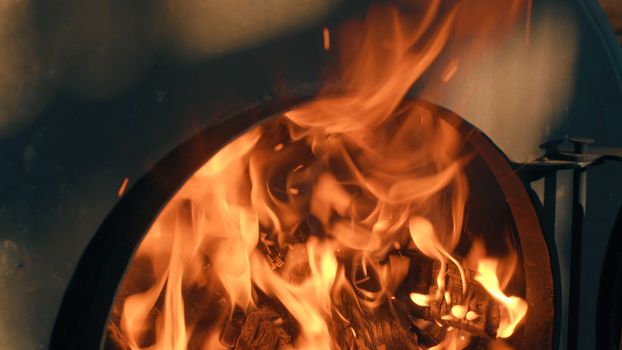 Wood burning in the stove. Fire close up.