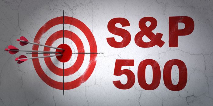 Success Stock market indexes concept: arrows hitting the center of target, Red S&P 500 on wall background, 3D rendering