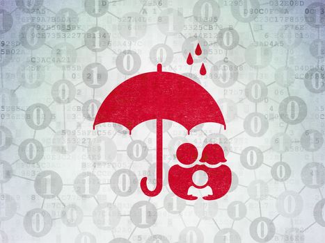 Security concept: Painted red Family And Umbrella icon on Digital Data Paper background with Scheme Of Binary Code