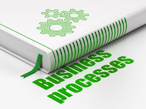 Finance concept: closed book with Green Gears icon and text Business Processes on floor, white background, 3D rendering