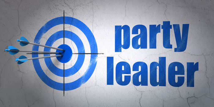 Success political concept: arrows hitting the center of target, Blue Party Leader on wall background, 3D rendering