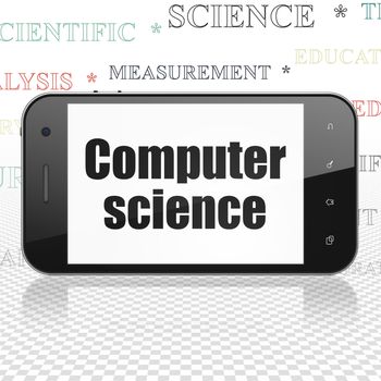 Science concept: Smartphone with  black text Computer Science on display,  Tag Cloud background, 3D rendering