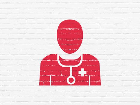 Healthcare concept: Painted red Doctor icon on White Brick wall background