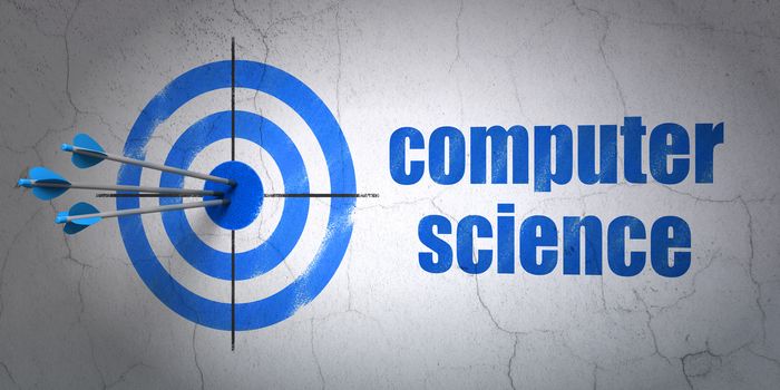 Success Science concept: arrows hitting the center of target, Blue Computer Science on wall background, 3D rendering