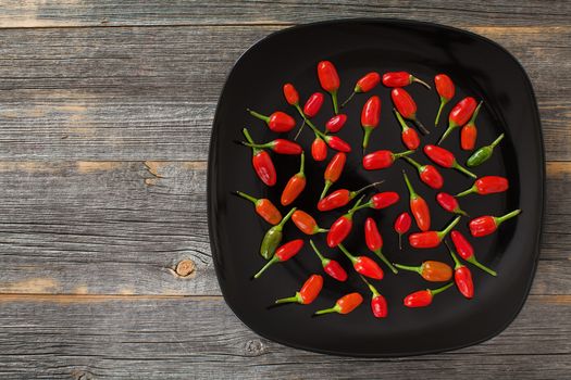 Red and green hot peppers on a black ceramic plate in style a rustic