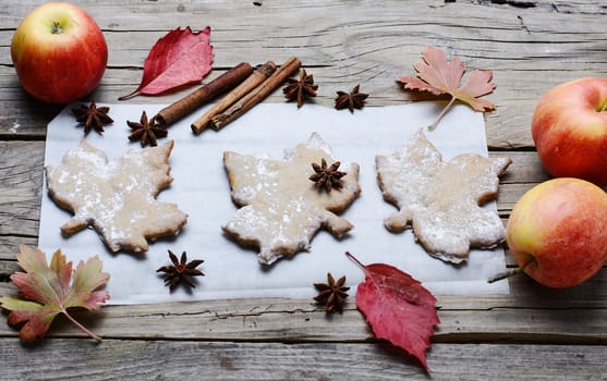 Pastries like cookies maple leaf and autumn apples