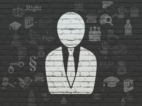 Law concept: Painted white Business Man icon on Black Brick wall background with Scheme Of Hand Drawn Law Icons