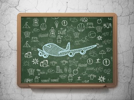 Travel concept: Chalk Blue Airplane icon on School board background with  Hand Drawn Vacation Icons, 3D Rendering